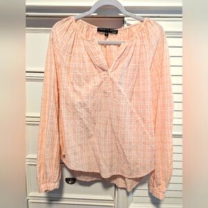 Women Veronica Beard Peasant Style Long Sleeve Top Blouse Pink Peach Plaid sz M
